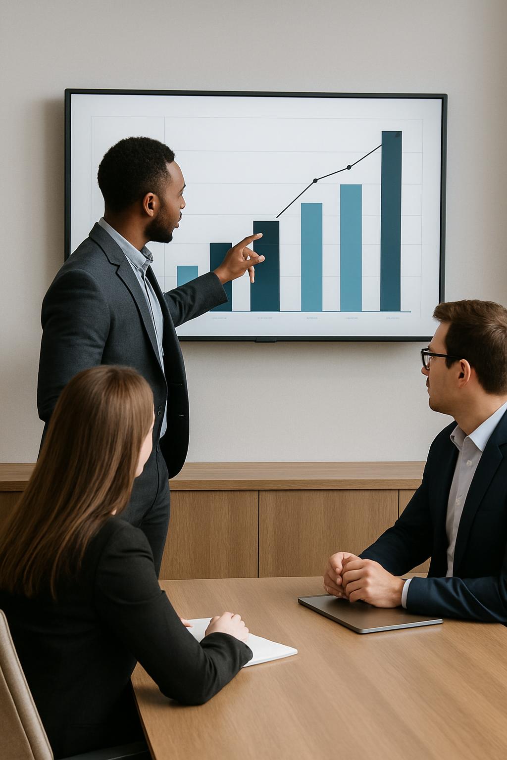 A group of professionals in business attire sit at a table in front of a screen displaying a bar graph, likely discussing ...