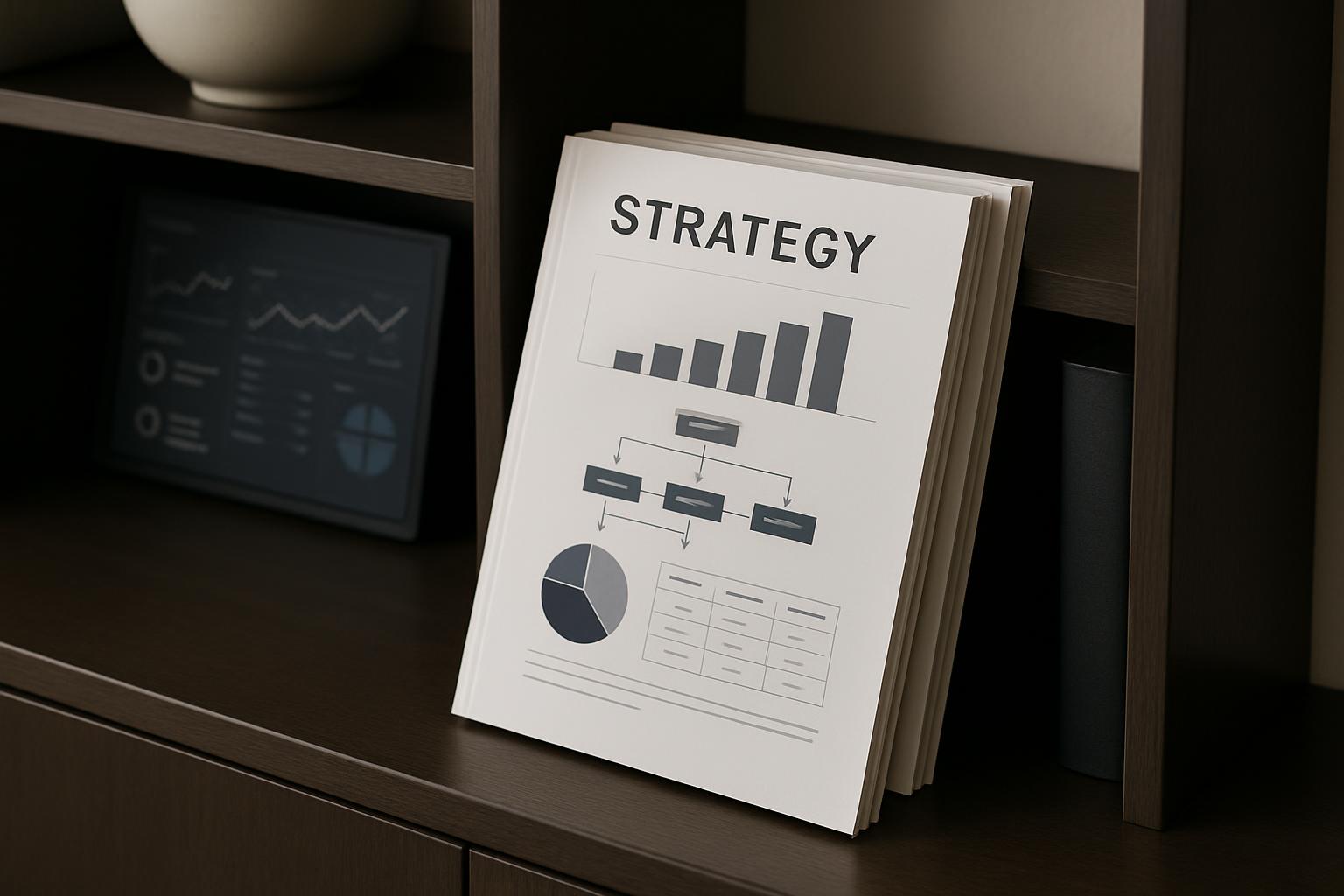 Pictures of books about strategy sitting on a dark brown shelf. The one in the foreground is titled "Strategy" and the pag...