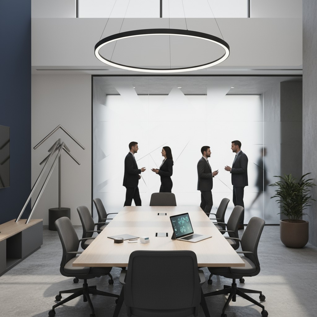 Workers in a well-lit conference room, dressed professionally, conversely in two groups, possibly discussing recent develo...