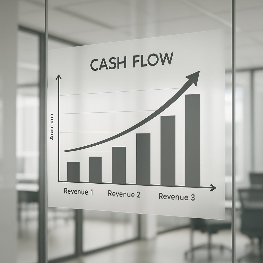 The image depicts a graph illustrating the relationship between revenue and cash flow, with the title "Cash Flow" prominen...